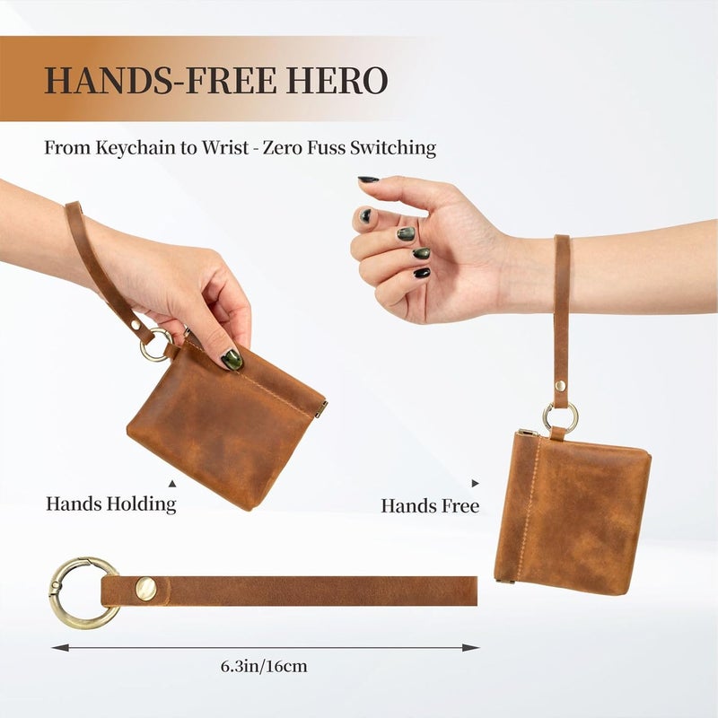 Aesthestyle Leather Coin Purse with Wristlet, Coin Pouch with Dual Interlayer, Card and Change Holder, Easy Clip on without Zipper, Squeeze Coin Wallet, Handmade Genuine Leather Wallet For Men/Women - Image 4